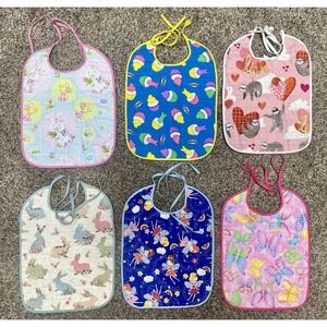 Lot Of 6 Quilted Handmade Bibs Girly‎ Theme Large Size 12" X 9"